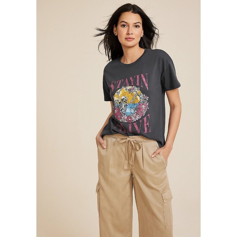 Stayin Alive Floral Skeleton Graphic Tee Gray Crop T-Shirt Soft Knit Size M